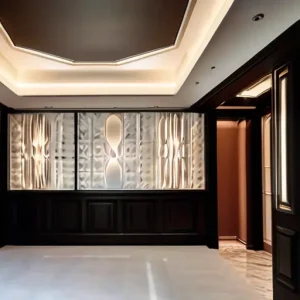 Интерьерные 3D-панели из гипса: бесшовный монтаж на стены, заделка стыков и акцентная архитектурная подсветка