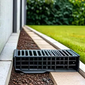 Дренаж перед воротами гаража: установка линейного водоотводного лотка с чугунной решеткой для сбора дождевой воды