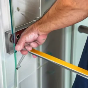 Монтаж стеклянной душевой перегородки (Walk-in): установка П-образного алюминиевого профиля в плитку и герметизация стыков